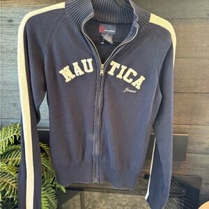 Nautica Navy Blue and Cream Full-Zip Sweater